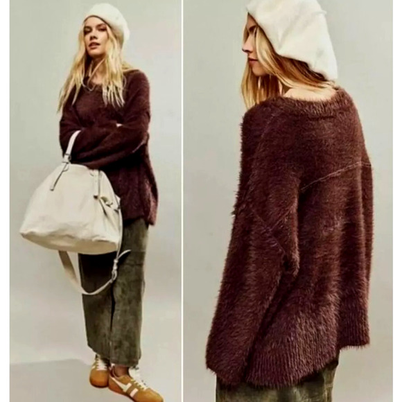 Free People HARRISON BUNNY Fuzzy Oversized Slouchy Sweater in Brown S NWOT $168 - Picture 3 of 7